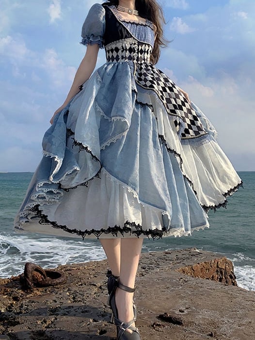 Alice in Wonderland Blue Checkerboard Lolita Dress - Long Asymmetrical