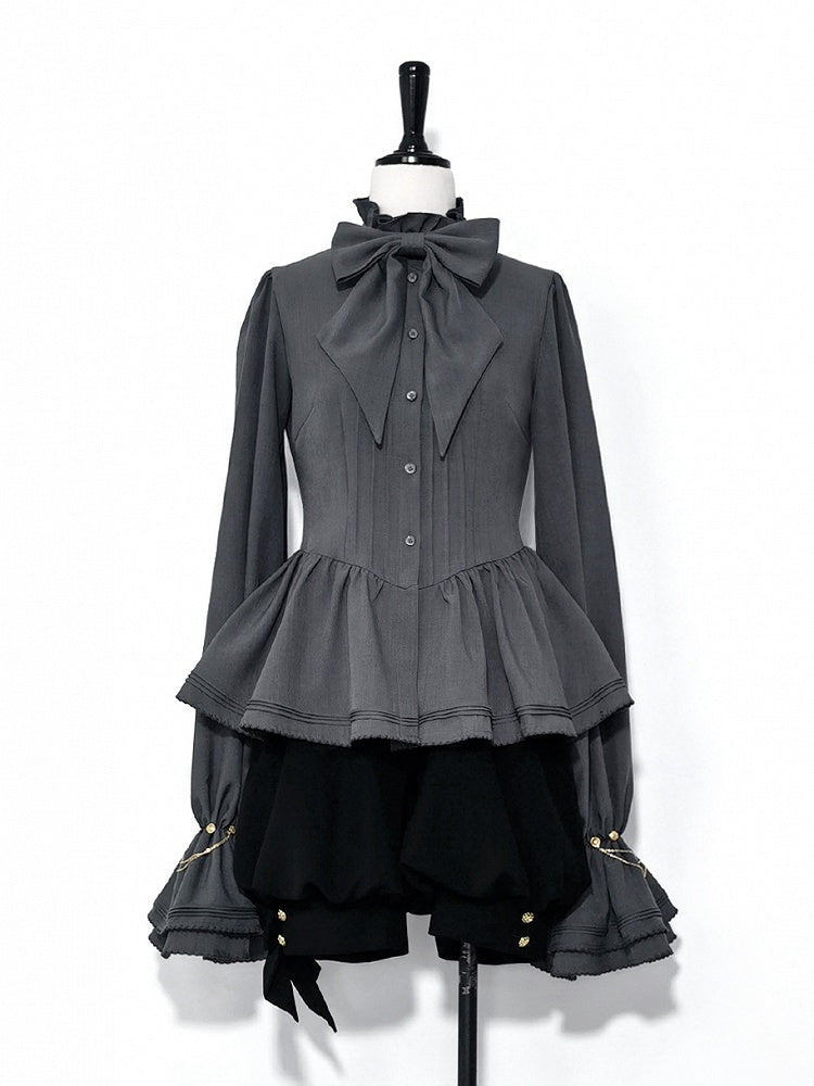ロリータシャツ グレー 詩人袖 フリル ファッション 王子ネックライン ビショップ