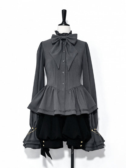 ロリータシャツ グレー 詩人袖 フリル ファッション 王子ネックライン ビショップ