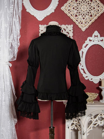 Neckline Sleeves Shirt Gothic Bell Ruffle Black