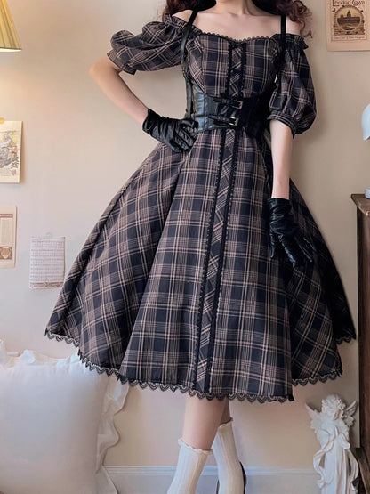 Black Dress Fit Pattern Slim Waist Plaid Short Sleeves Lolita