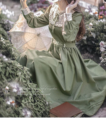 Rüschen Floral Vintage Ausschnitt Kleid Grün Stickerei Matcha mit