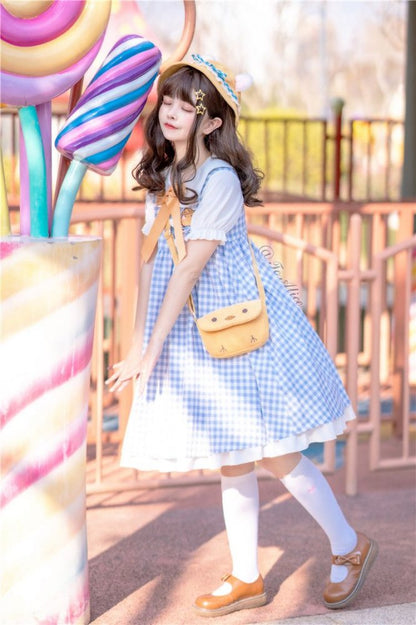 Blue Little Chicken Peter Pan Collar Plaid Short Puff Sleeves Dress