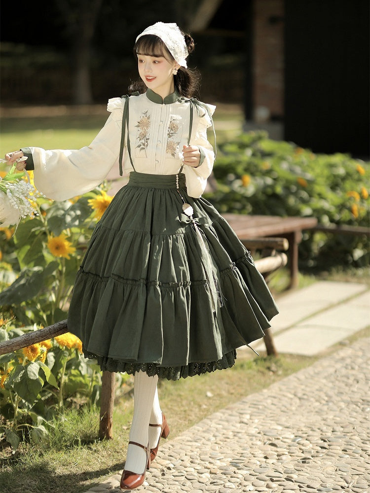 Sunflowers Embroidery Set + Tiered Sunflower Blouse Skirt Green with Charm Beige