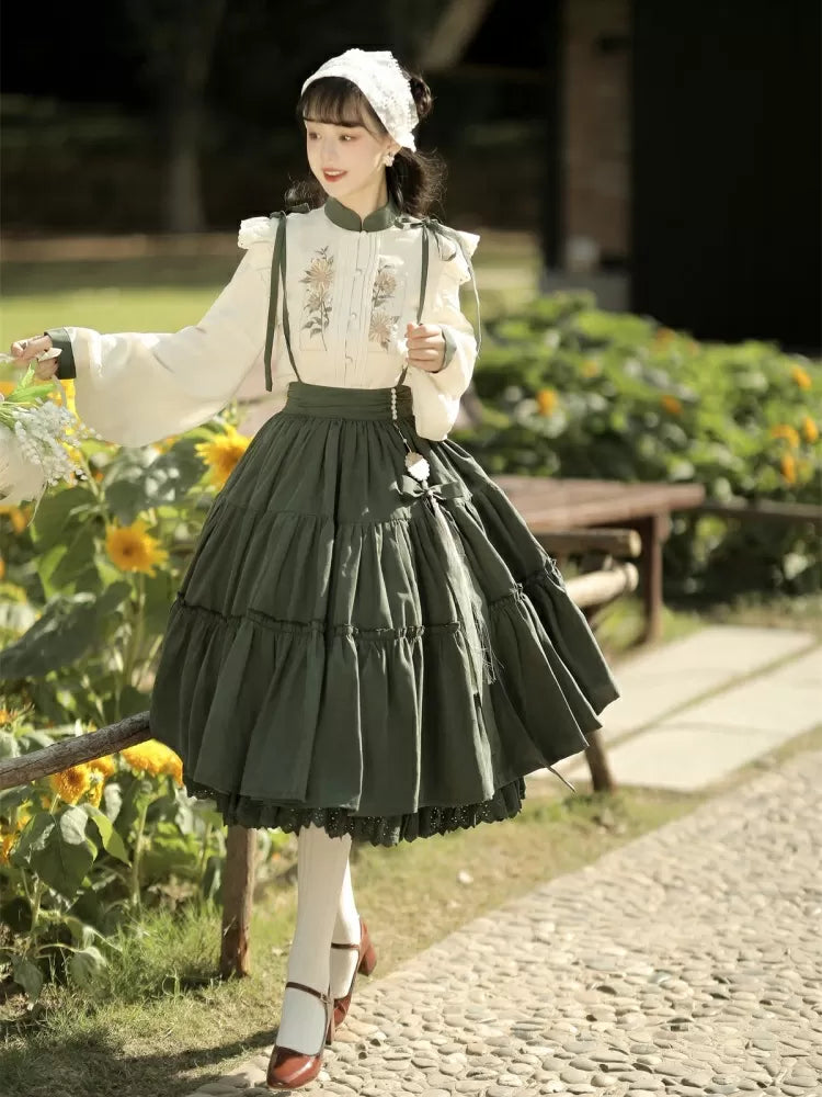 with Embroidery Set Green Tiered Sunflower Sunflowers Skirt Beige Charm + Blouse
