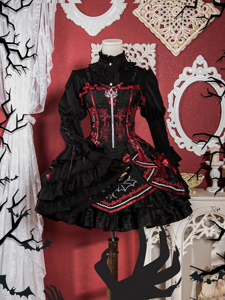 Gothic Bat Black Cross Embroidery Lolita Front Red JSK and Buckle Side Zip