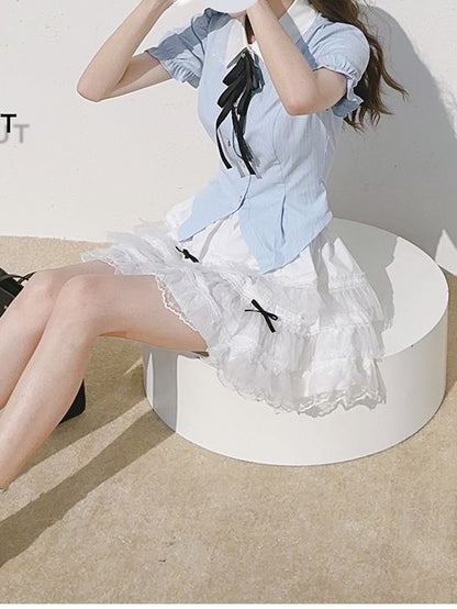 Hemd Puffärmel Blau Süß Gestreift