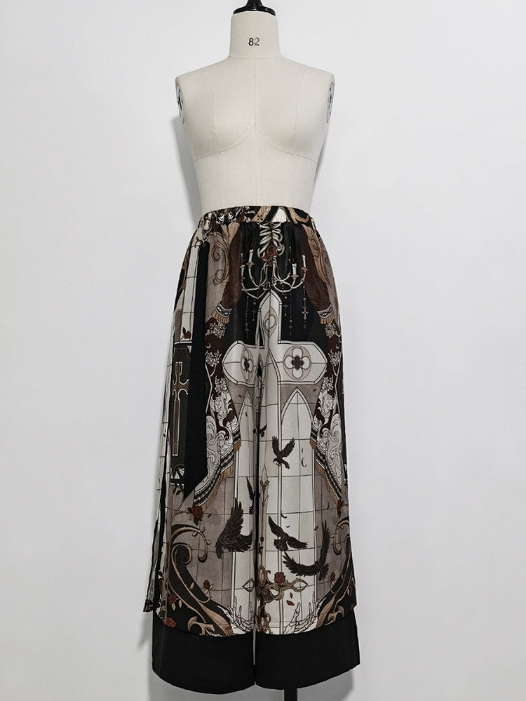 Wide-Leg Trousers with Night Command Cross Graphic in Dark Tone - Princess Chronicles