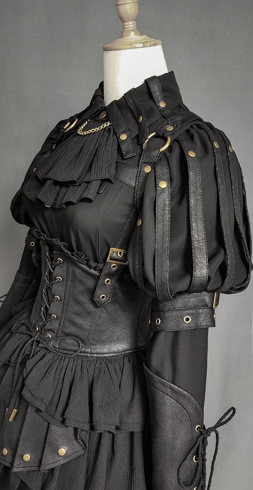 Black Gothic Lolita Shirt, Juliette Sleeves Steampunk Top, Plus Size - FOXTROT