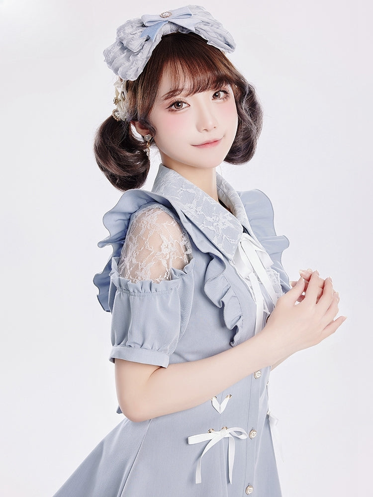 Coord Shorts with Kei Lace Set: Top Alice Cut-Out Brooch Bow Jirai Shoulder Blue