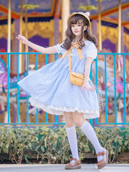 Blue Little Chicken Peter Pan Collar Plaid Short Puff Sleeves Dress