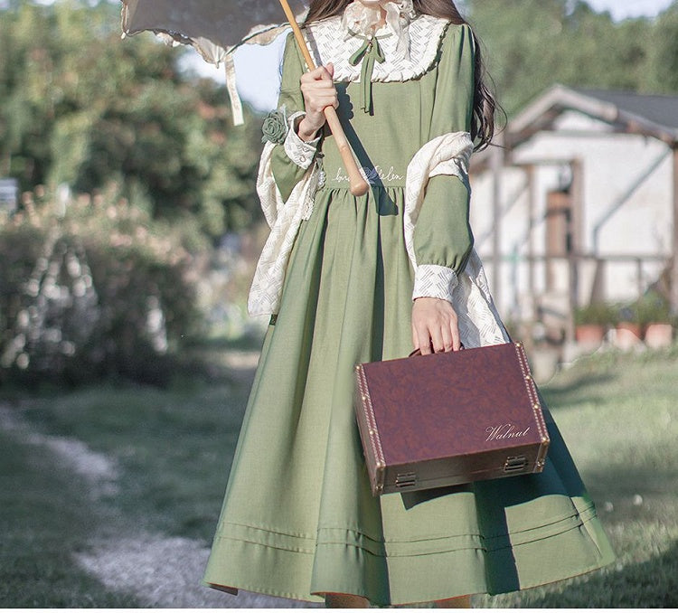 Rüschen Floral Vintage Ausschnitt Kleid Grün Stickerei Matcha mit