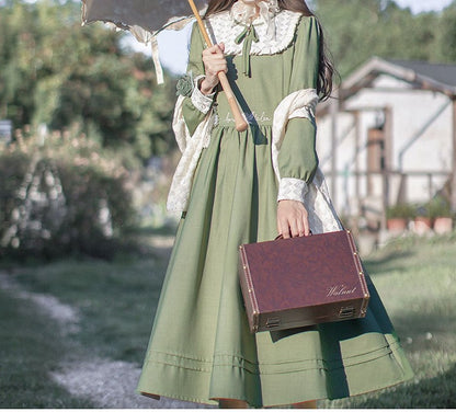 Rüschen Floral Vintage Ausschnitt Kleid Grün Stickerei Matcha mit