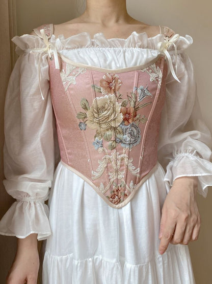 ピンクの花柄スクープネックラインコルセット