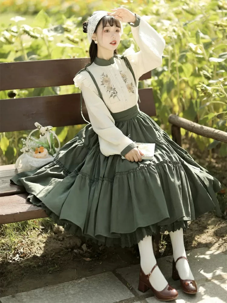 with Embroidery Set Green Tiered Sunflower Sunflowers Skirt Beige Charm + Blouse