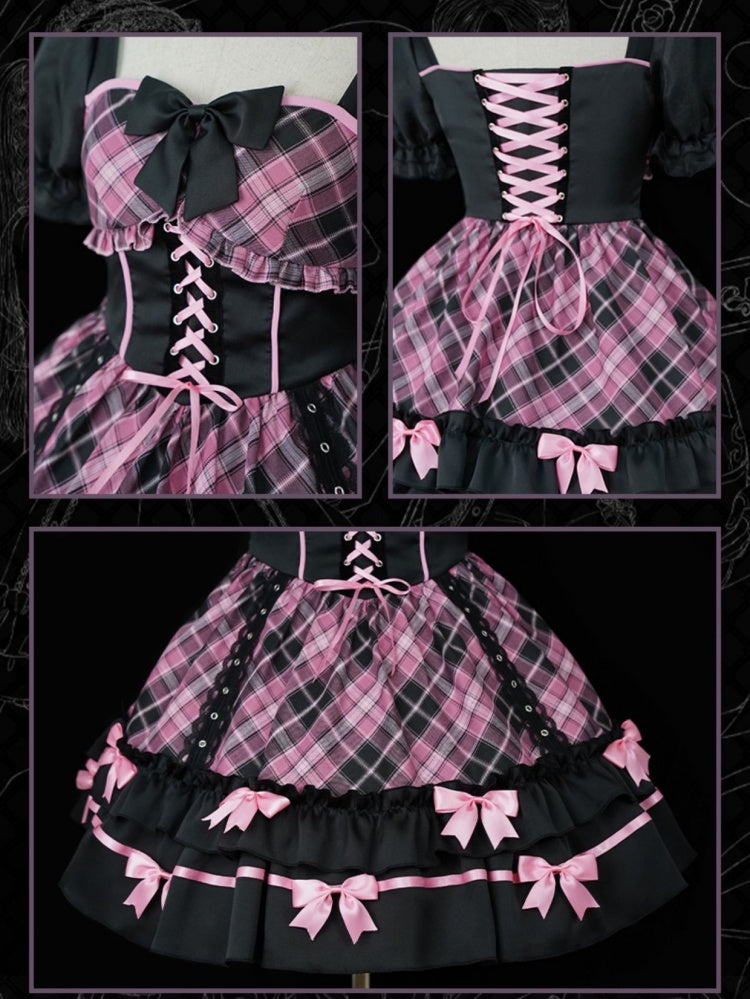 Neckholder-Kleid mit Schnürung und rosa Karomuster, einteilig, Idol-Kleid