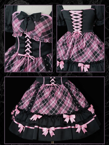 Neckholder-Kleid mit Schnürung und rosa Karomuster, einteilig, Idol-Kleid