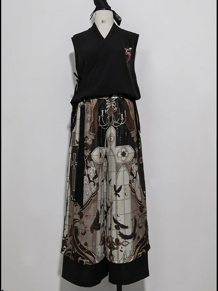 Wide-Leg Trousers with Night Command Cross Graphic in Dark Tone - Princess Chronicles
