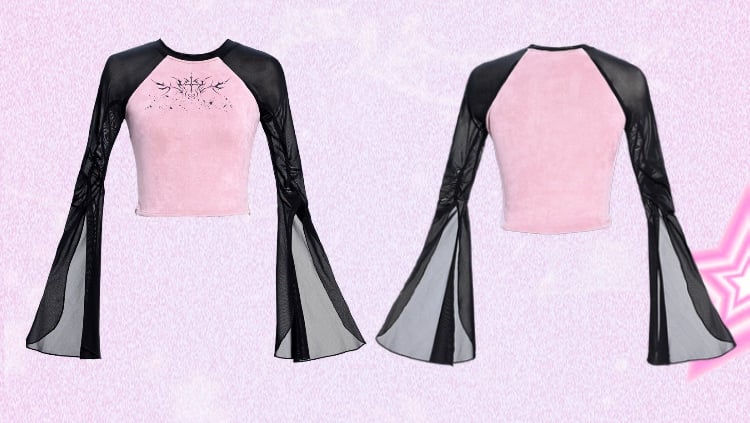 Y2K Thorns Schwarze Tüllärmel Rosa Top Outfit