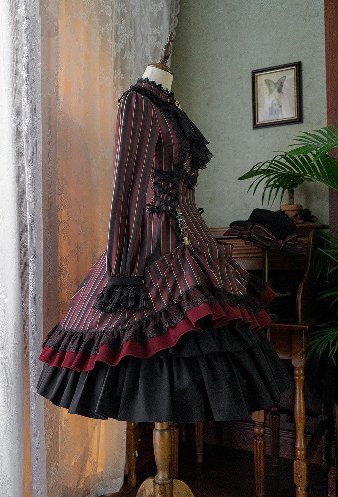 mit gestreifter Schnürung Gothic Petite Rüschenkragen Lolita Kleid Taille