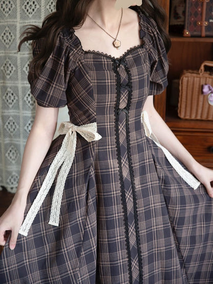 Black Dress Fit Pattern Slim Waist Plaid Short Sleeves Lolita