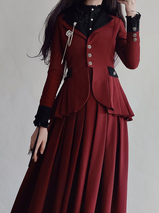 プラスサイズ対応 - ワインレッドのプリーツディテールブレザースカートセット