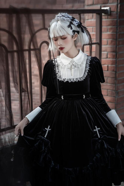 Schwarz-weißes elegantes Lolita-Kleid mit Juliette-Ärmeln