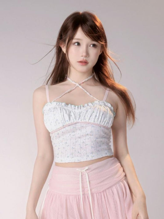 ピンクブルーフローラルフリルトリムホワイトキャミソールトップ