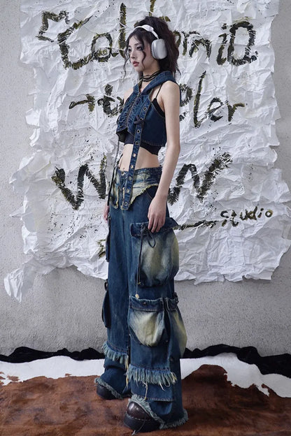 Cargo-Punk-Waste-Wasteland-Jeans mit verblassten Taschen und weitem Bein