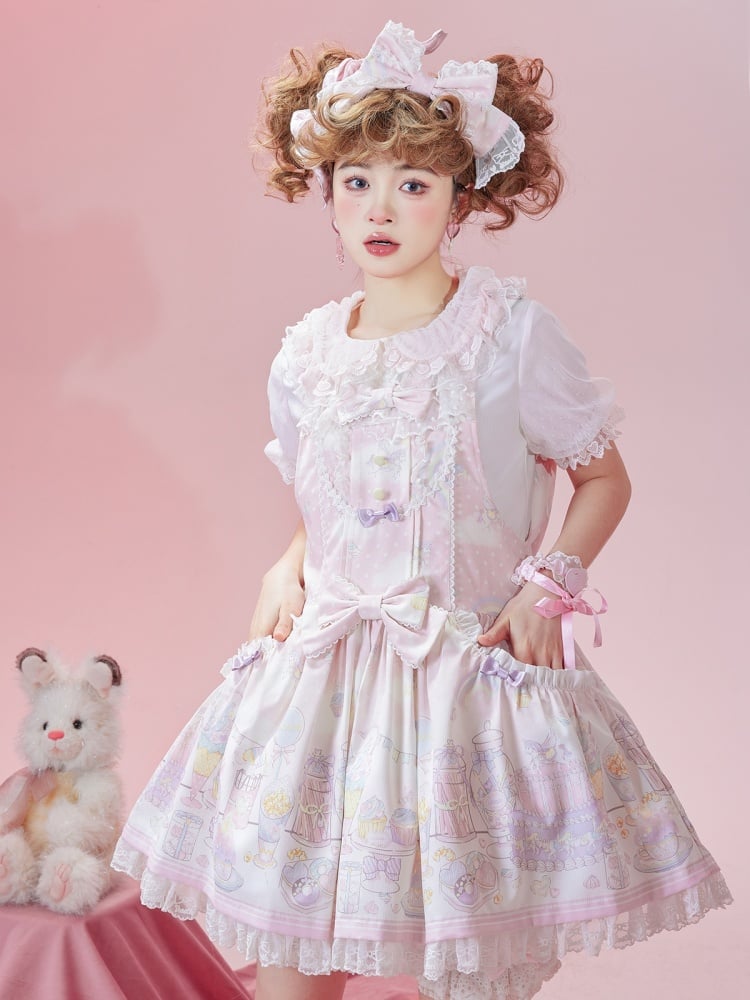 ホワイトとピンクのフリルトリムのピーターパンカラー半袖ブラウス