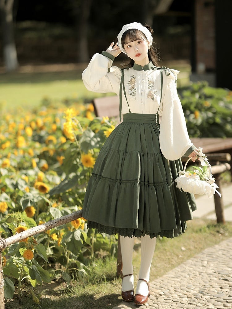 Sunflowers Embroidery Set + Tiered Sunflower Blouse Skirt Green with Charm Beige