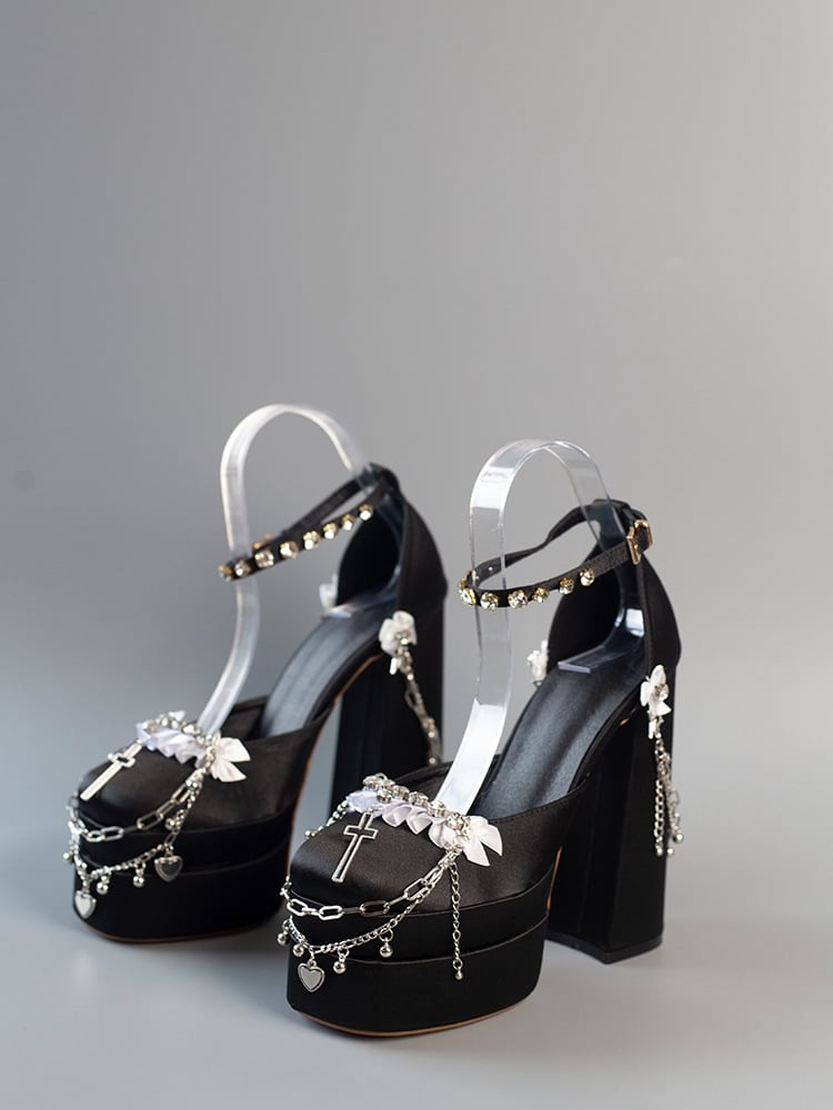 Black High Heels with Buckle Ankle Strap Rhinestone Cross Detachable Chain Size 40 - Hexagram