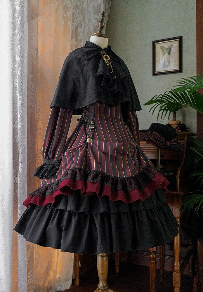 mit gestreifter Schnürung Gothic Petite Rüschenkragen Lolita Kleid Taille