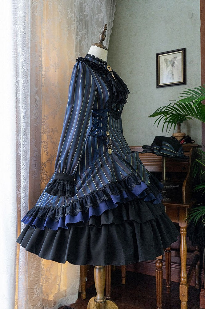 mit gestreifter Schnürung Gothic Petite Rüschenkragen Lolita Kleid Taille