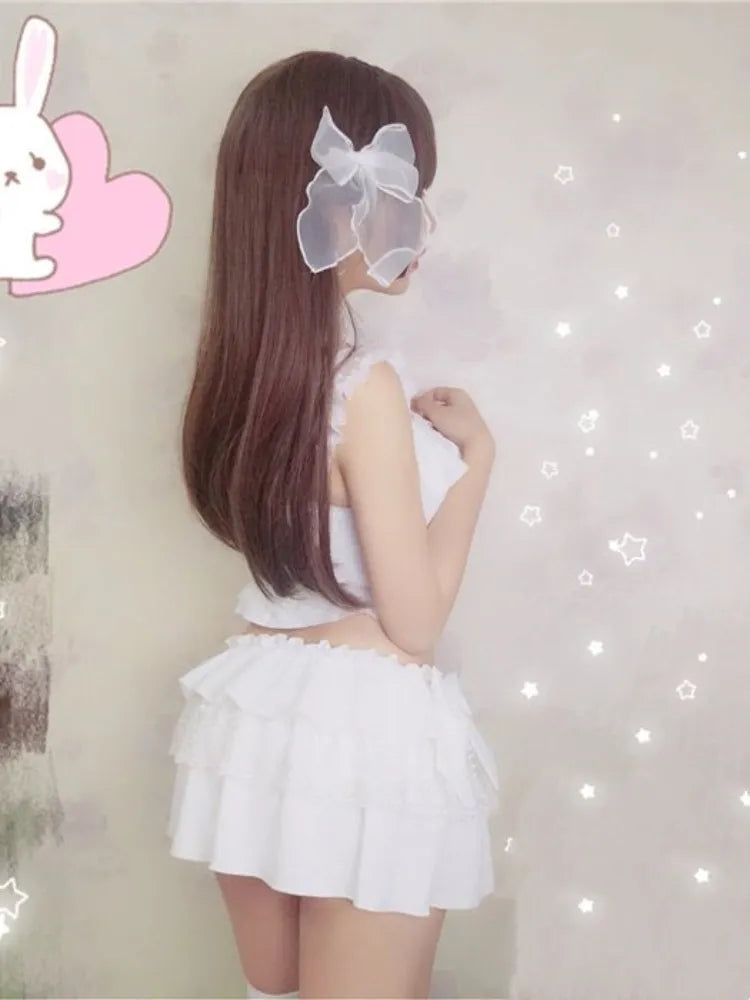 詳細 ティアードトリム ホワイト リボンフリルスカート + トップ 水着