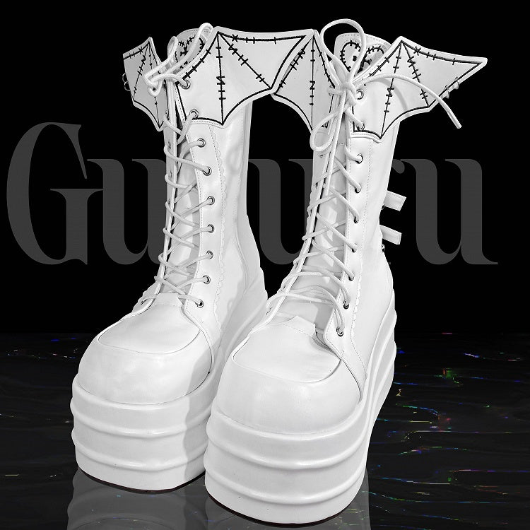 White Lace-up Design Boots Goth Bat Platform Tie Wings