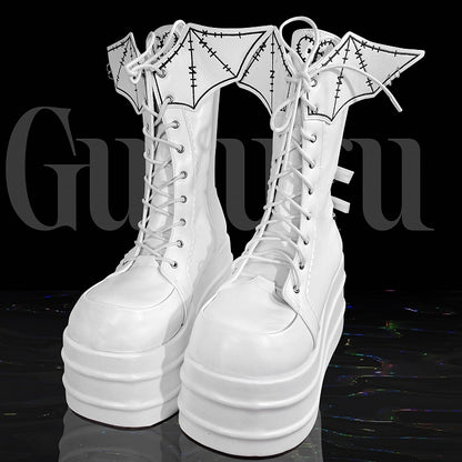 White Lace-up Design Boots Goth Bat Platform Tie Wings
