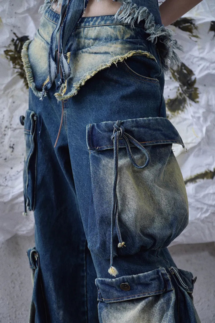 Cargo Punk Wash Wasteland Faded Pockets Jeans Wide Leg