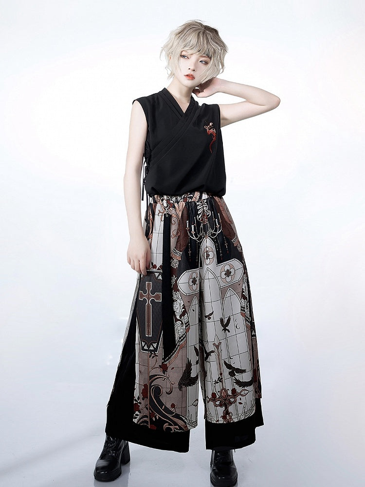 Wide-Leg Trousers with Night Command Cross Graphic in Dark Tone - Princess Chronicles