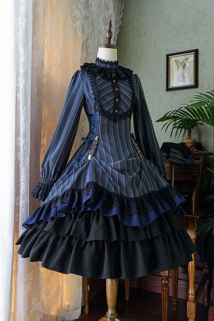mit gestreifter Schnürung Gothic Petite Rüschenkragen Lolita Kleid Taille