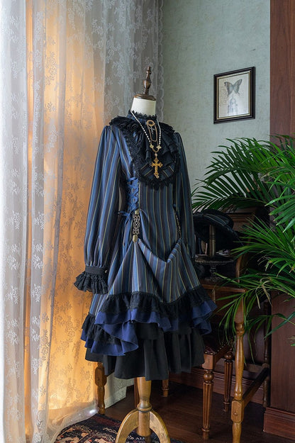 mit gestreifter Schnürung Gothic Petite Rüschenkragen Lolita Kleid Taille