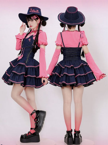 Navy Blue Lace-up Detail Sweet Bow Accents Tiered Skirt Denim Slip Dress