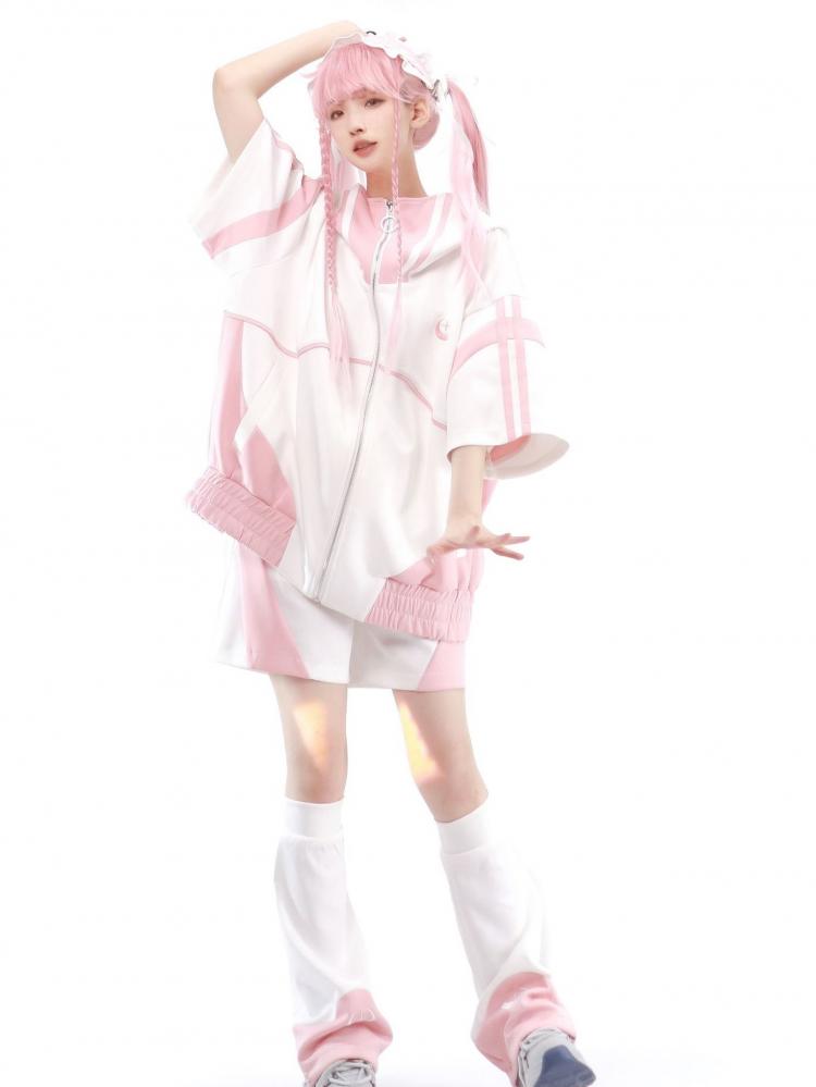 Beinwärmer mit Mond und Stern, Rosa und Weiß