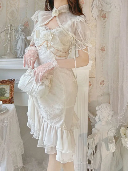 Rosendekoration Jacquard Saum Meerjungfrau Detail Rüschen JSK Weiß Lolita Perle Kamelie