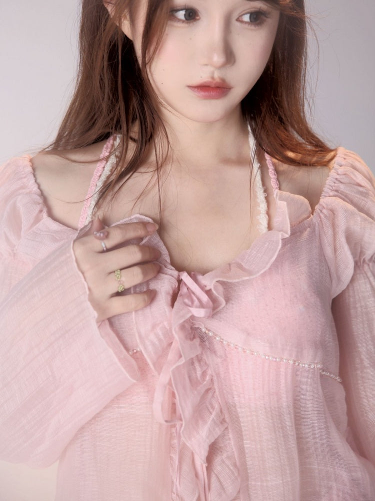 Rosa Sonnenschutz-Überwurf mit Rüschenbesatz