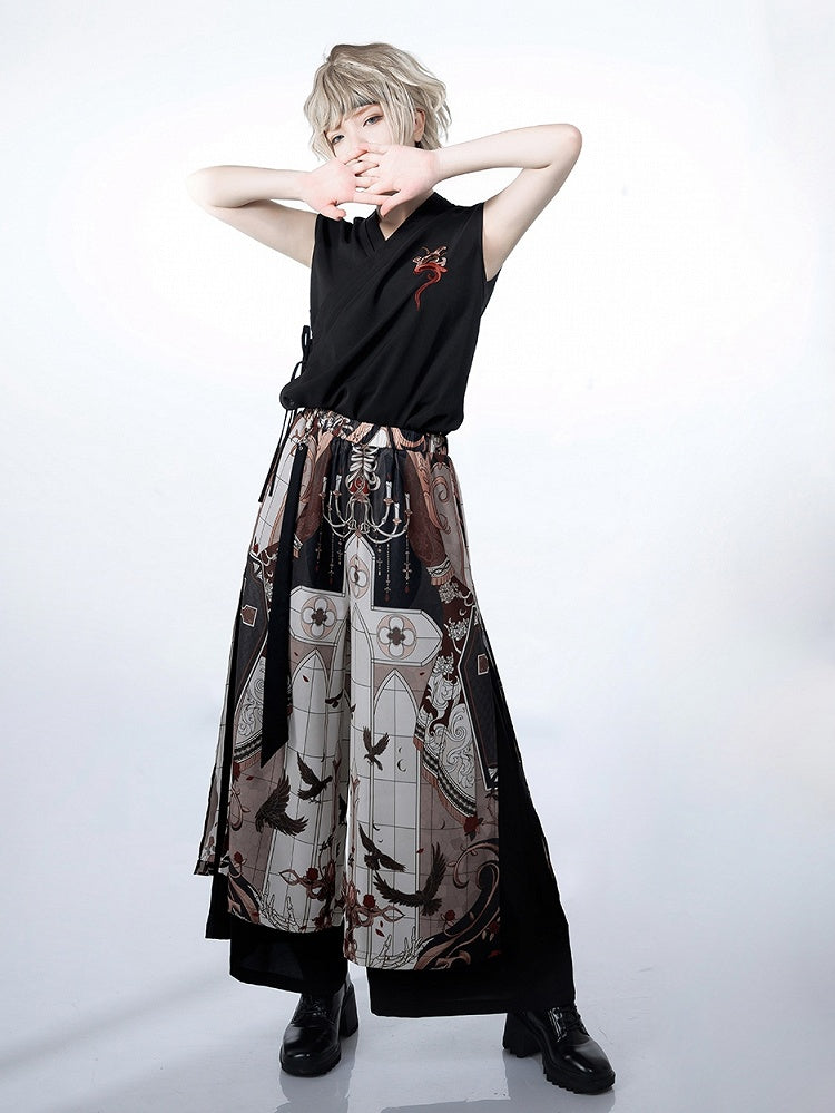 Wide-Leg Trousers with Night Command Cross Graphic in Dark Tone - Princess Chronicles