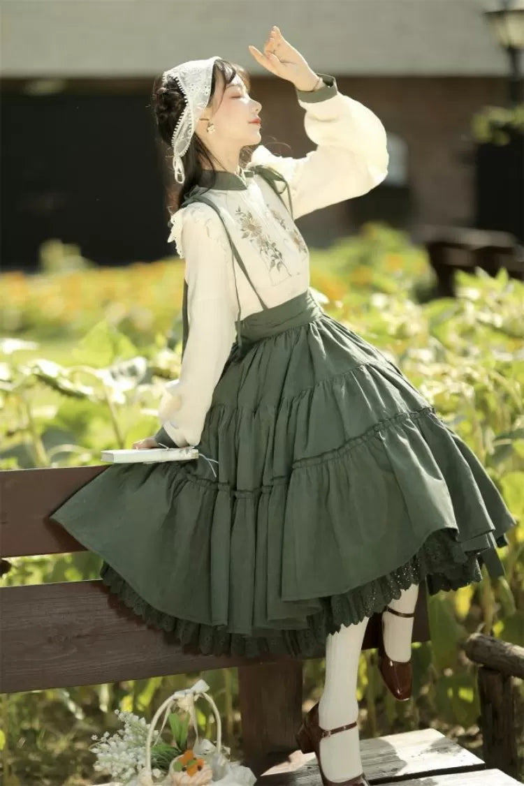 with Embroidery Set Green Tiered Sunflower Sunflowers Skirt Beige Charm + Blouse