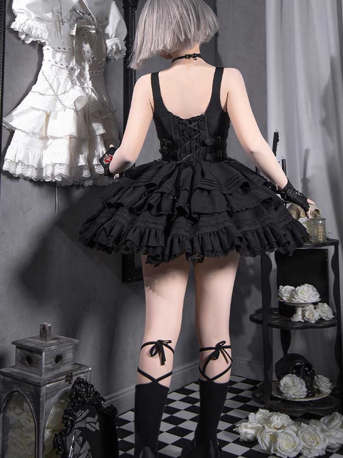 Black Gothic Short Jumper Skirt Adjustable Criss-cross Straps Waist