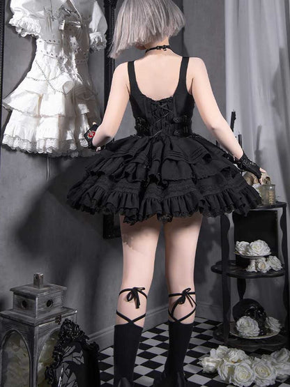 Black Gothic Short Jumper Skirt Adjustable Criss-cross Straps Waist
