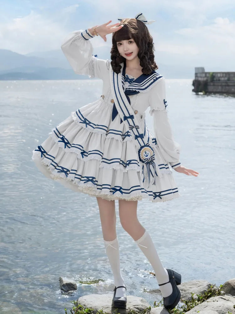 Komplettes Matrosen-Lolita-Rock-Set, Sommerkleid, gestuft, weiß, OP